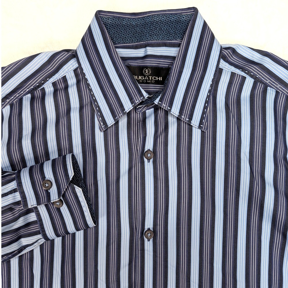 BUGATCHI UOMO‎ Mens Striped Long Sleeve Dress Shirt Size Medium Blue